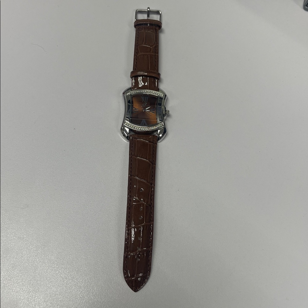 Burgi BTV011 Rhinestone SS Watch Brown Crocodile-Embossed Leather Strap